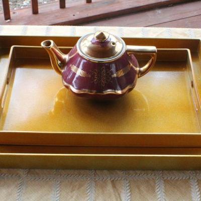 Lot #37: (2) Pier 1â„¢ Serving Trays Gold w/ HALLâ„¢ 6-Cup Teapot
