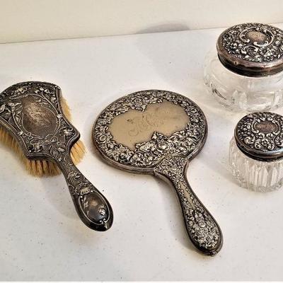 Lot #56  Antique Sterling Silver Dresser Set - 4 pieces