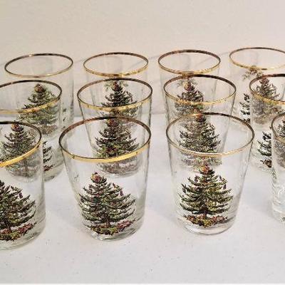 Lot #63 Set of 12 Christmas Tree Rocks Glasses - vintage barware