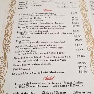 Lot #68  Original vintage menu from Elmwood Plantation Restaurant