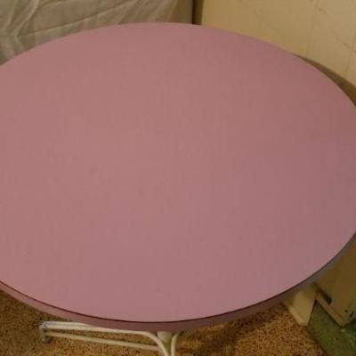 Lot #76  Groovy Mid-Century Pink Laminate Table on White Metal Base