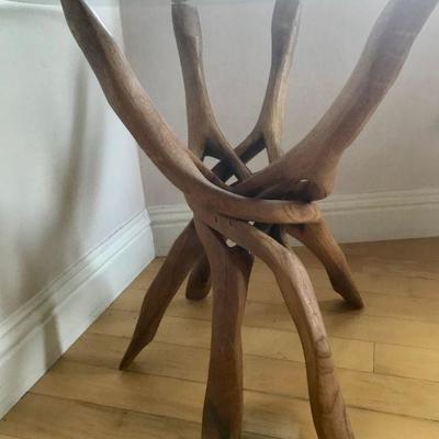 African (Congo) Glass Top Accent Table With Carved Wooden Legs 