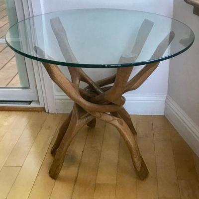 African (Congo) Glass Top Accent Table With Carved Wooden Legs 
