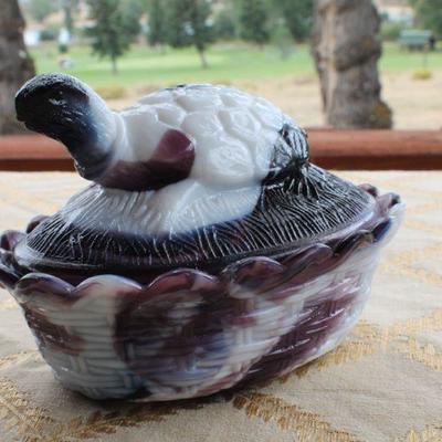 Lot #46: Vintage Pair of Colored Art Glass Mid Century Modern Collectibles (Covered Purple Dish and Lattice Bowl)