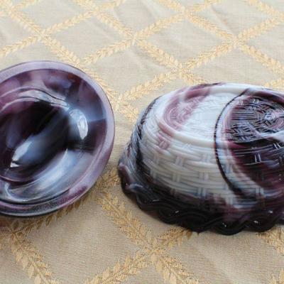 Lot #46: Vintage Pair of Colored Art Glass Mid Century Modern Collectibles (Covered Purple Dish and Lattice Bowl)