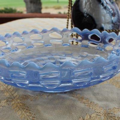 Lot #46: Vintage Pair of Colored Art Glass Mid Century Modern Collectibles (Covered Purple Dish and Lattice Bowl)