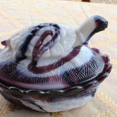 Lot #46: Vintage Pair of Colored Art Glass Mid Century Modern Collectibles (Covered Purple Dish and Lattice Bowl)