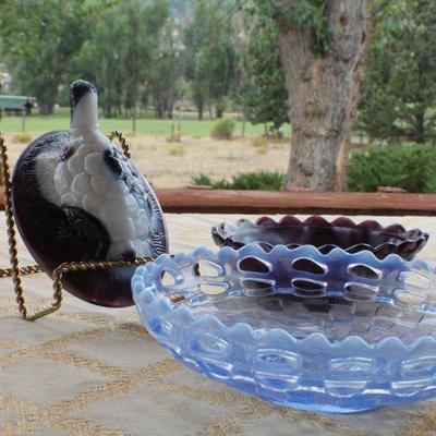 Lot #46: Vintage Pair of Colored Art Glass Mid Century Modern Collectibles (Covered Purple Dish and Lattice Bowl)