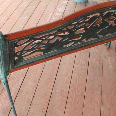 Lot #57: Vintage Heavy Iron and Wood Front Porch Bench w/ Flower Theme Back Accent