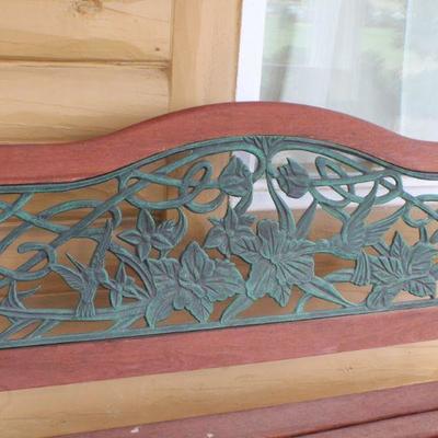Lot #57: Vintage Heavy Iron and Wood Front Porch Bench w/ Flower Theme Back Accent