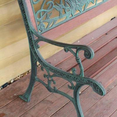 Lot #57: Vintage Heavy Iron and Wood Front Porch Bench w/ Flower Theme Back Accent