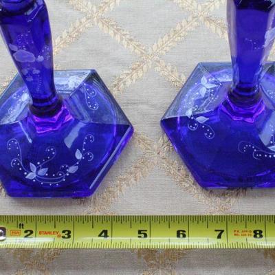 Lot #69: Pair of FENTONâ„¢ Dark Blue Hand Painted Art Glass Candlestick Holders SIGNED by Artist