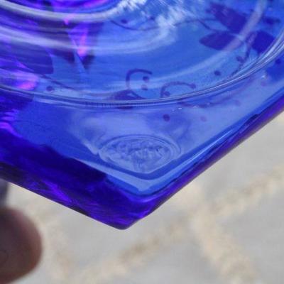 Lot #69: Pair of FENTONâ„¢ Dark Blue Hand Painted Art Glass Candlestick Holders SIGNED by Artist