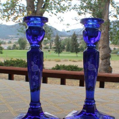 Lot #69: Pair of FENTONâ„¢ Dark Blue Hand Painted Art Glass Candlestick Holders SIGNED by Artist
