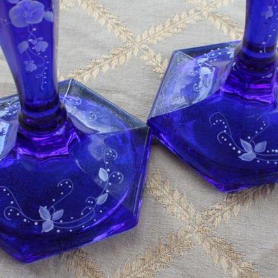 Lot #69: Pair of FENTONâ„¢ Dark Blue Hand Painted Art Glass Candlestick Holders SIGNED by Artist