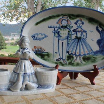 Lot #75: Porcelain BLOOM RITEâ„¢ Figure and Stoneware SIGNED Hand Painted Serving Dish