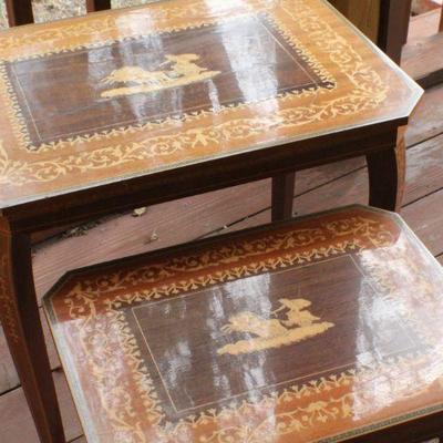 Lot #76: Set of Wood Nesting Side Tables w/ Grecian Chariot MotÃ­f Inlay 