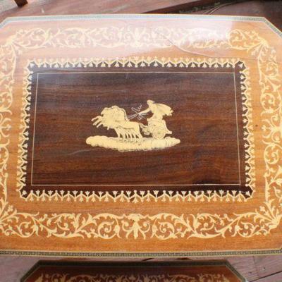 Lot #76: Set of Wood Nesting Side Tables w/ Grecian Chariot MotÃ­f Inlay 