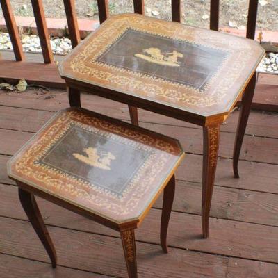 Lot #76: Set of Wood Nesting Side Tables w/ Grecian Chariot MotÃ­f Inlay 
