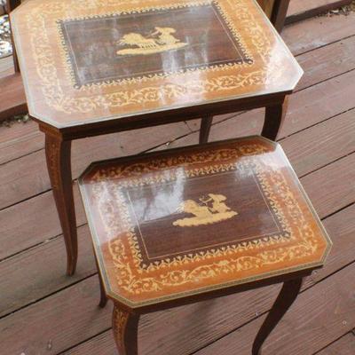 Lot #76: Set of Wood Nesting Side Tables w/ Grecian Chariot MotÃ­f Inlay 