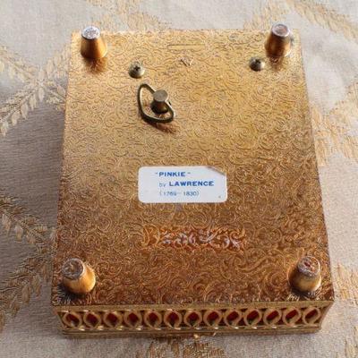 Lot #78: Small Vintage Mid Century Modern JAPAN Padded Fabric Picture Top Jewelry/Trinket MUSIC Box PINKIE by Lawrence Tested A+
