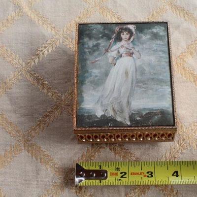 Lot #78: Small Vintage Mid Century Modern JAPAN Padded Fabric Picture Top Jewelry/Trinket MUSIC Box PINKIE by Lawrence Tested A+