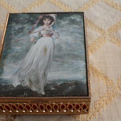 Lot #78: Small Vintage Mid Century Modern JAPAN Padded Fabric Picture Top Jewelry/Trinket MUSIC Box PINKIE by Lawrence Tested A+