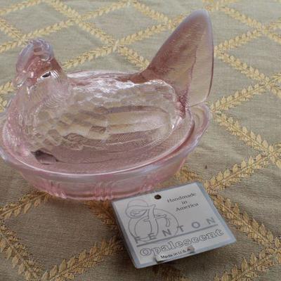 Lot #83: Vintage FENTONâ„¢ Pink Opalescent Covered Dish w/ Original Card