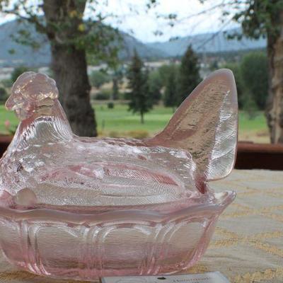 Lot #83: Vintage FENTONâ„¢ Pink Opalescent Covered Dish w/ Original Card