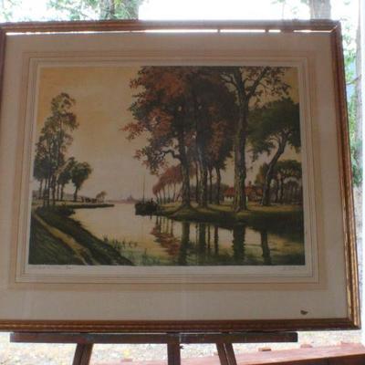 Lot #91: Vintage SIGNED Etching by F. Roth "The Yonne Canal, France"