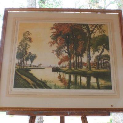 Lot #91: Vintage SIGNED Etching by F. Roth "The Yonne Canal, France"