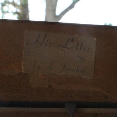 Lot #94: Vintage Art Print by L. Jambor "His Letter" w/ Glass Front Wood Frame 33.5" x 28.5" 