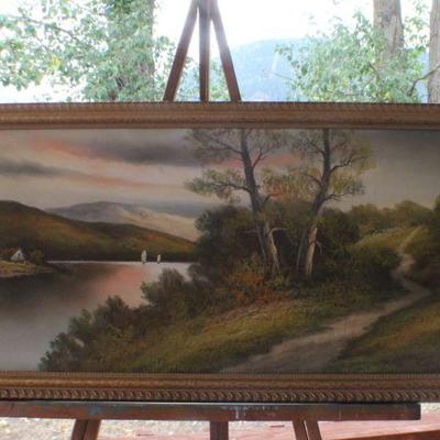 Lot #96: Vintage ANDREW GUNDERSON Landscape Pastel w/ Glass Front Wood Frame 30.5" x 16.5" 
