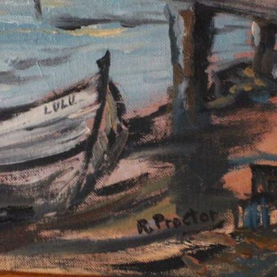 Lot #99: Vintage SIGNED R. Proctor Boathouse Nautical Scene Framed 27" x 23.5" 