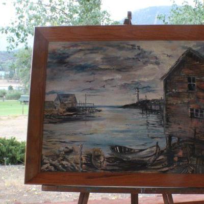 Lot #99: Vintage SIGNED R. Proctor Boathouse Nautical Scene Framed 27" x 23.5" 