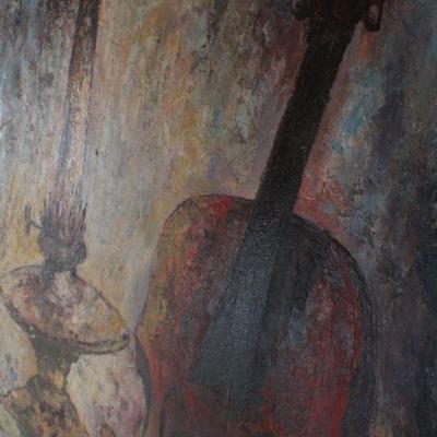 Lot #100: SIGNED Oil Painting by Barlett of Violin Scene 31.5" x 28" 
