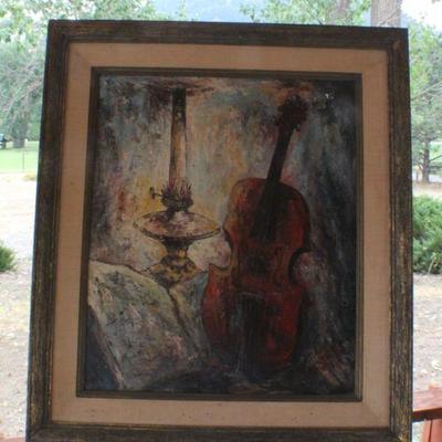 Lot #100: SIGNED Oil Painting by Barlett of Violin Scene 31.5" x 28" 
