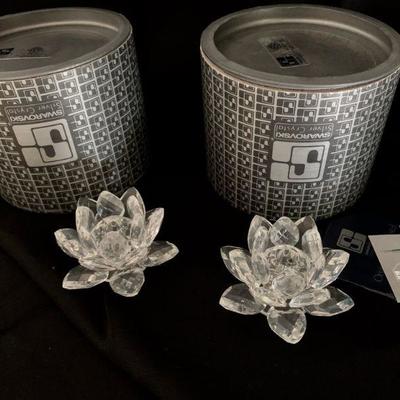 #138  SWAROVSKI PAIR SMALL WATER LILY LOTUS FLOWER CANDLE HOLDERS 
