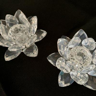 #138  SWAROVSKI PAIR SMALL WATER LILY LOTUS FLOWER CANDLE HOLDERS 