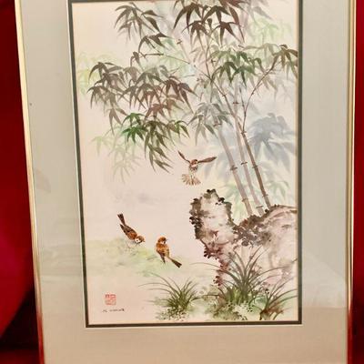 #163   ASIAN SILK SCREEN PRINT BIRDS & BAMBOO