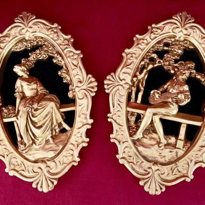 #164    VINTAGE GOLD PAINTED PLASTER PLAQUES COURTING COUPLE
