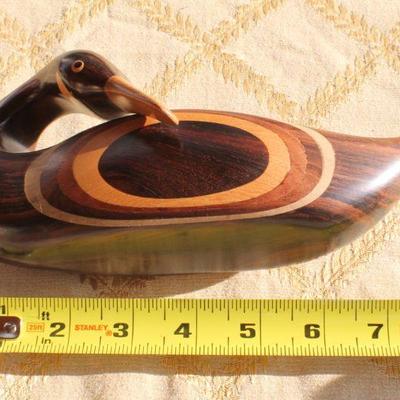 Lot #125: Vintage Mid Century Modern Carved Wood Duck w/ Numerous Wood Inlays