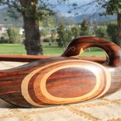 Lot #125: Vintage Mid Century Modern Carved Wood Duck w/ Numerous Wood Inlays