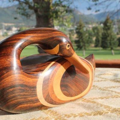 Lot #125: Vintage Mid Century Modern Carved Wood Duck w/ Numerous Wood Inlays