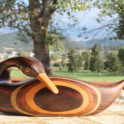 Lot #125: Vintage Mid Century Modern Carved Wood Duck w/ Numerous Wood Inlays