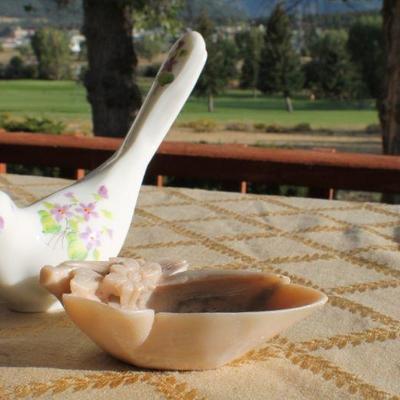 Lot #128: Hand Painted Ceramic Bird and Carved Soapstone Deco