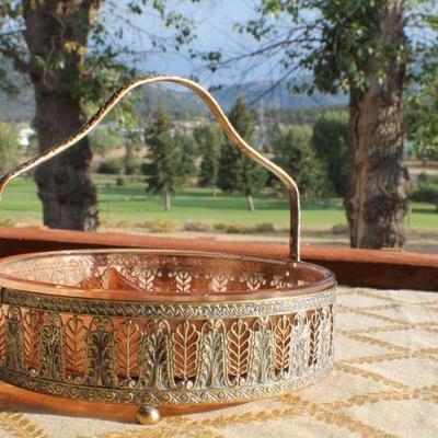 Lot #129: Vintage Glass Candy Dish w/ Fancy Metal Shell