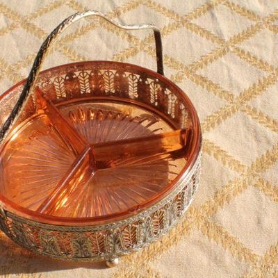Lot #129: Vintage Glass Candy Dish w/ Fancy Metal Shell