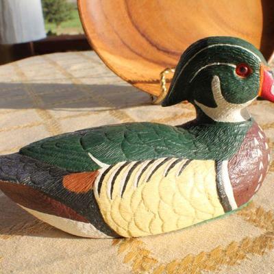 Lot #134: Group of (3) Vintage Wood and Porcelain Decorative Duck Decoys + Wood Plate