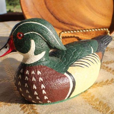 Lot #134: Group of (3) Vintage Wood and Porcelain Decorative Duck Decoys + Wood Plate